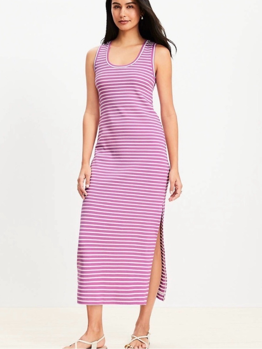 LOFT Pink & White Striped Tank Maxi Dress with Side Slit